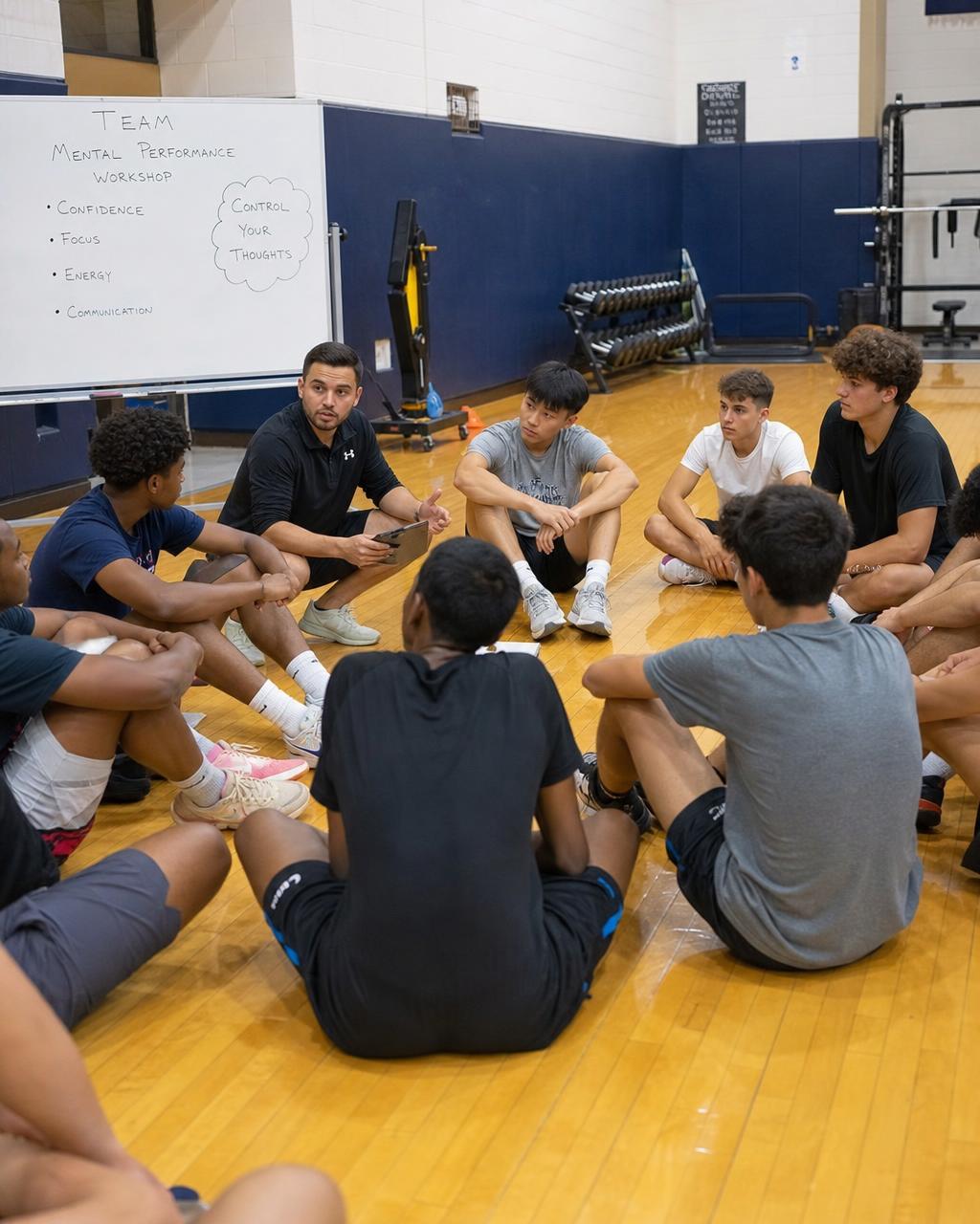 High school team seated in a circle during a mental performance workshop in a gym