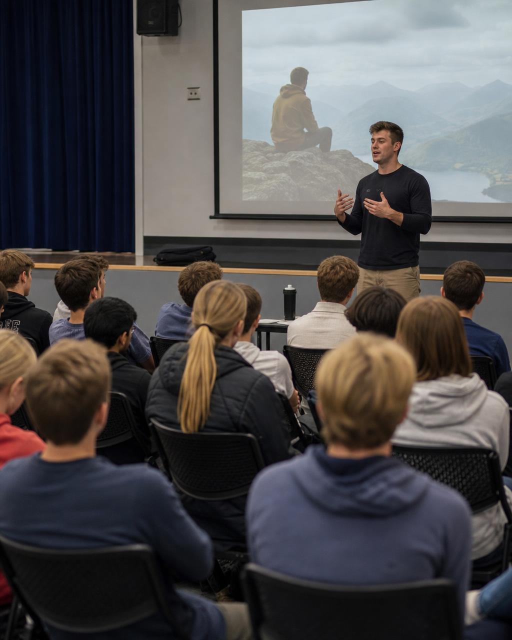 Speaker presenting a mental performance talk to a room of young athletes