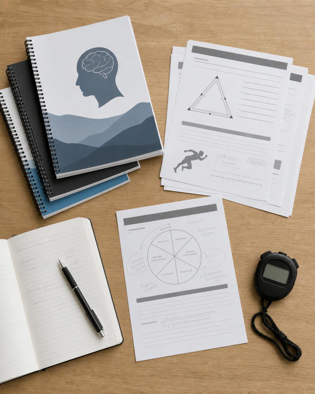 Mental skills workbooks, worksheets and a training journal laid out on a table