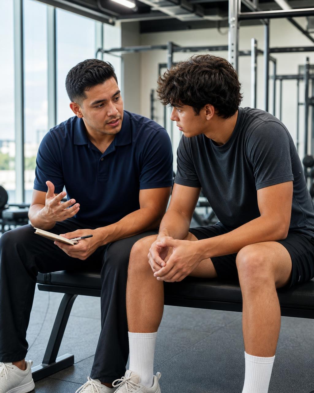Performance consultant talking one to one with a teenage athlete on a gym bench